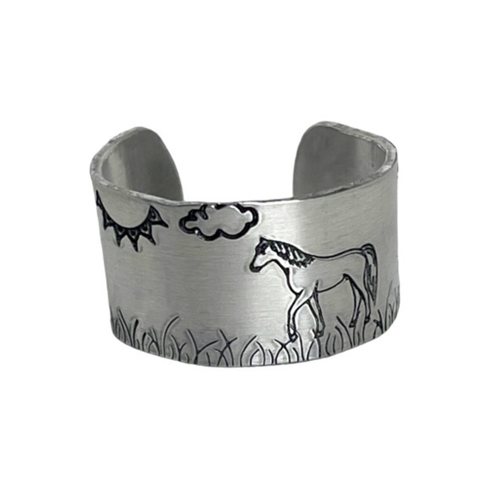 Handmade 9/10 stamped horse silver‎ adjustable hypoallergenic wide cuff ring